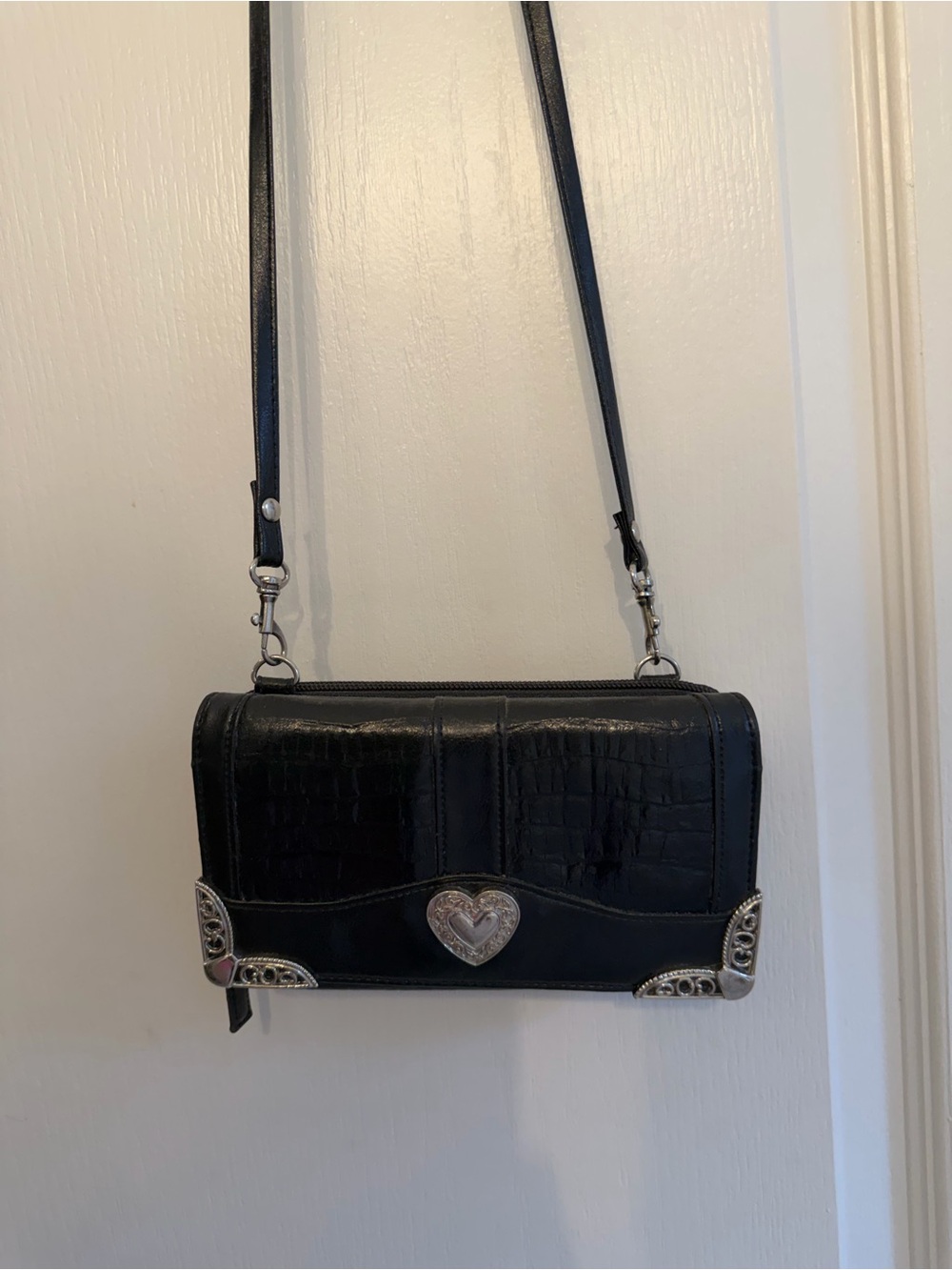 Brighton Black Faux-Croc Heart Accent Crossbody